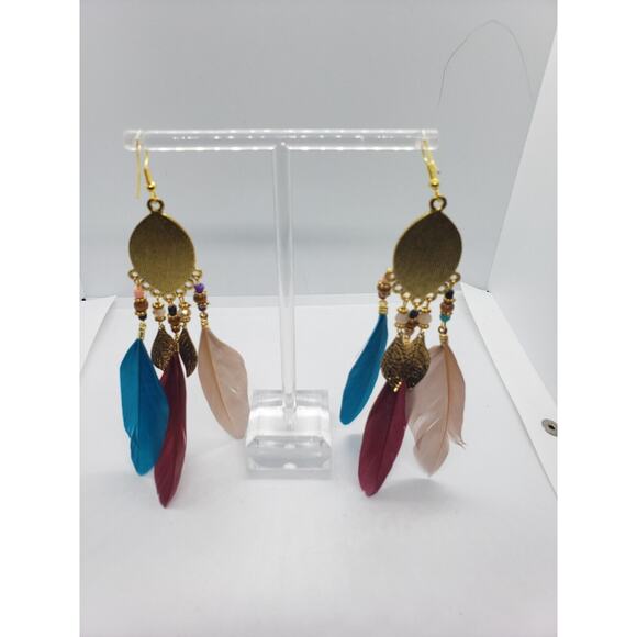 Blue Boho Rice Bead Water Drop Tassel Leaf Aztec Ethnic‎ Earrings White Gold - Picture 2 of 8